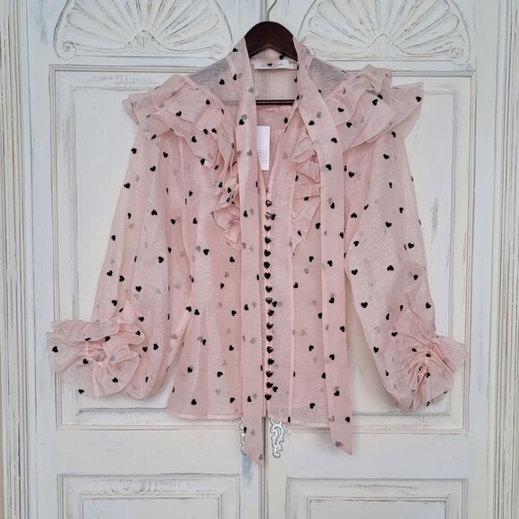 Zimmermann Tops - Zimmermann Crush Embroidered Frill Silk Linen Blouse Pink Hearts 💕NWT size AU 2